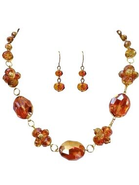 Orange Glass Bead Necklace Earring Set Gold Tone Statement Evening Jewelry New